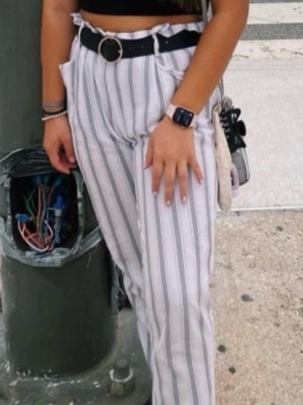 Thread & Supply White and Gray Striped High-Waist Paperbag Pants